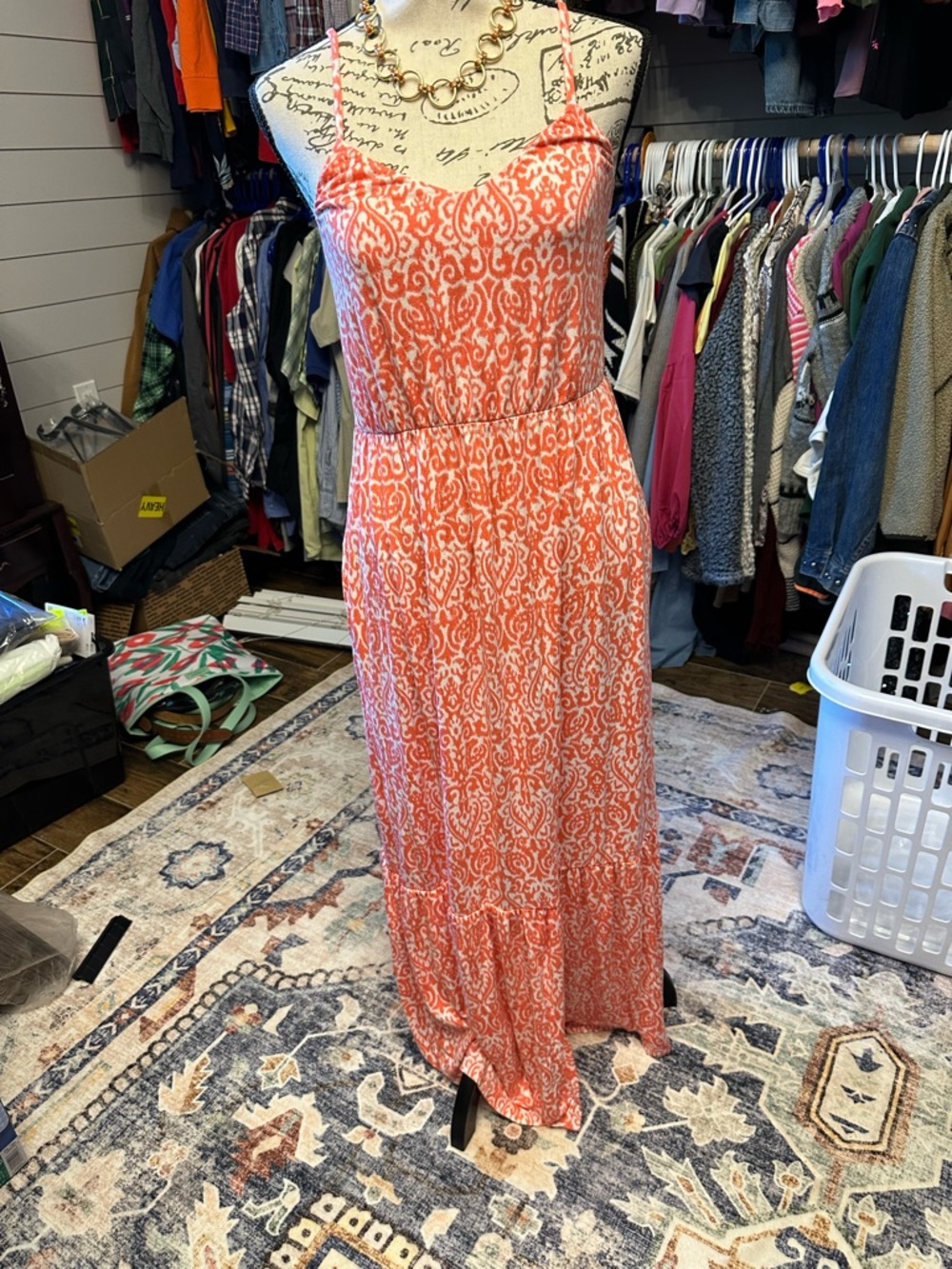 Lightweight Orange Printed Spaghetti-Strap Maxi Dress size small.